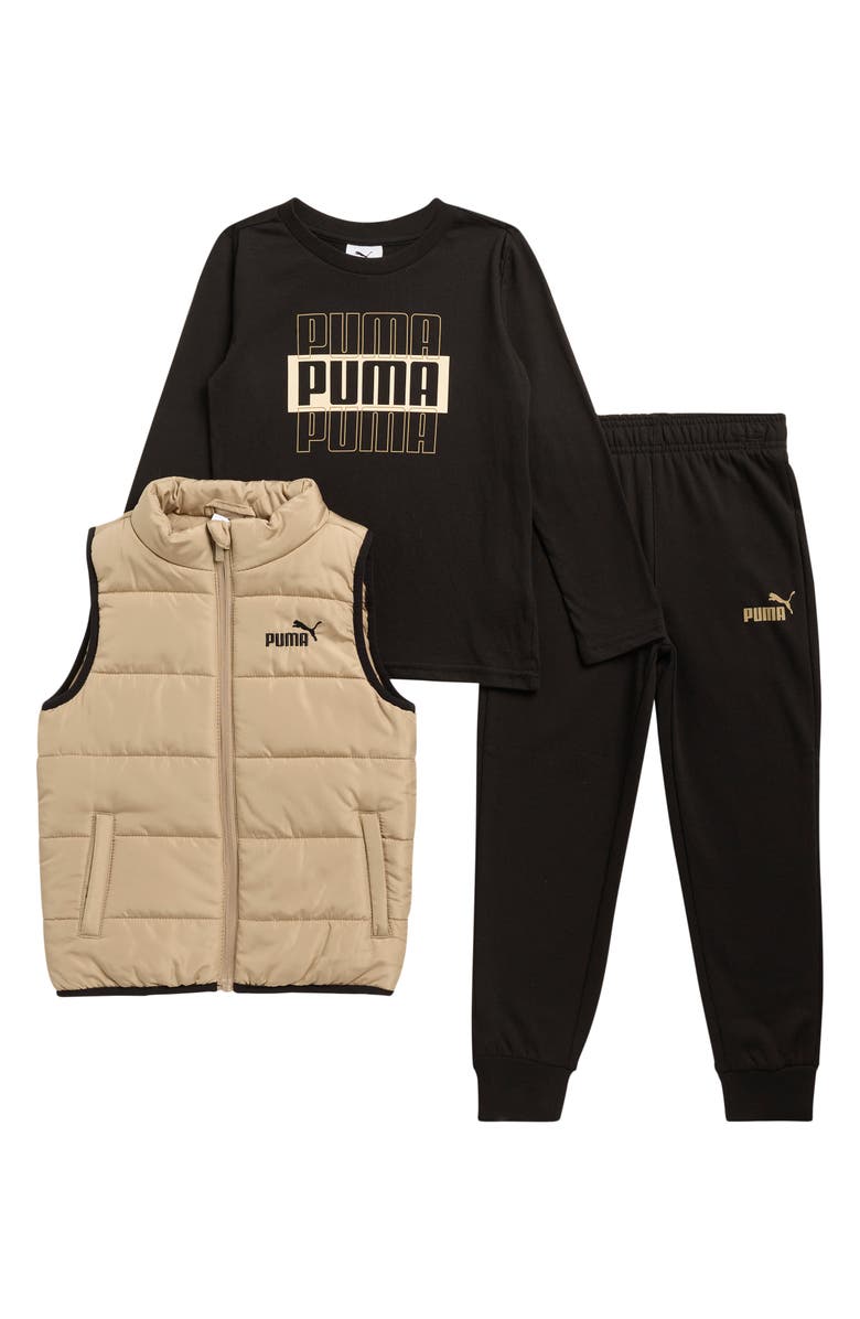 PUMA Kids' Woven Puffer Vest, Logo Jersey T-Shirt & Joggers Set, Main, color, Pale Brown