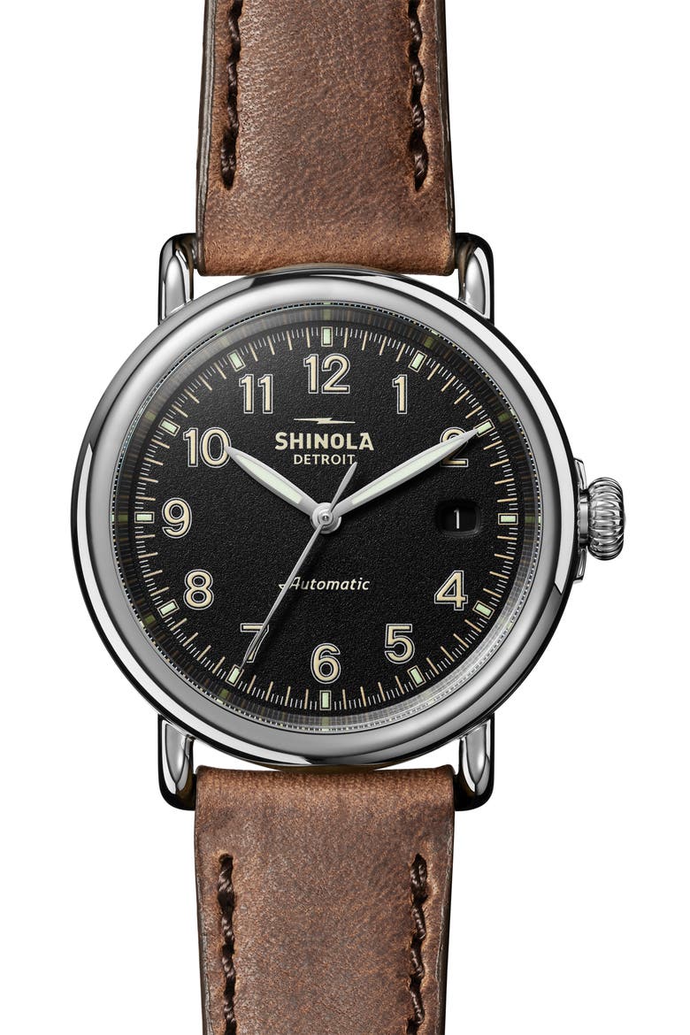 Runwell Automatic Leather Strap Watch, 40mm, Main, color, TAN/ BLACK/ SILVER