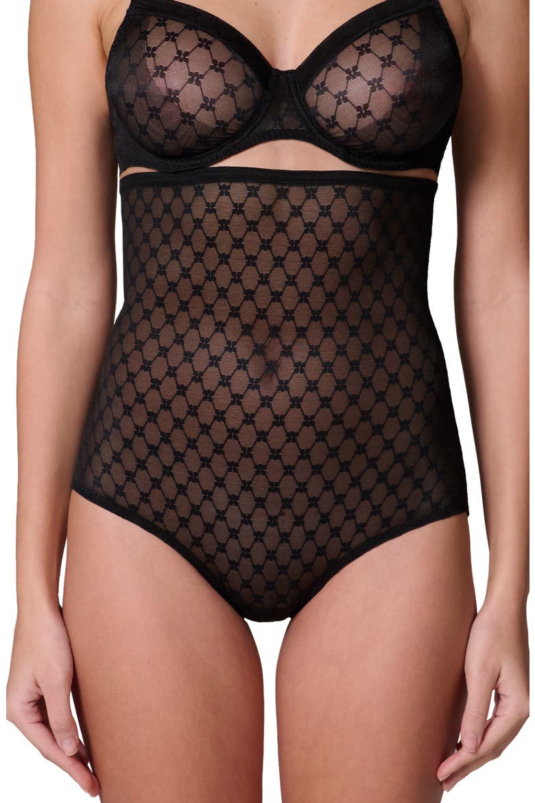 Plume Embroidered High Waist Shaping Briefs, Main, color, BLACK