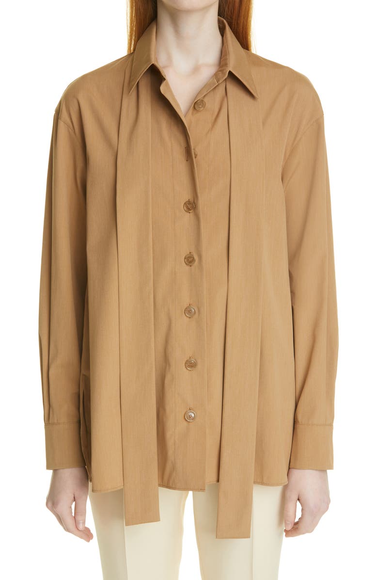 Akris Tie Neck A-Line Cotton & Silk Poplin Blouse, Main, color,