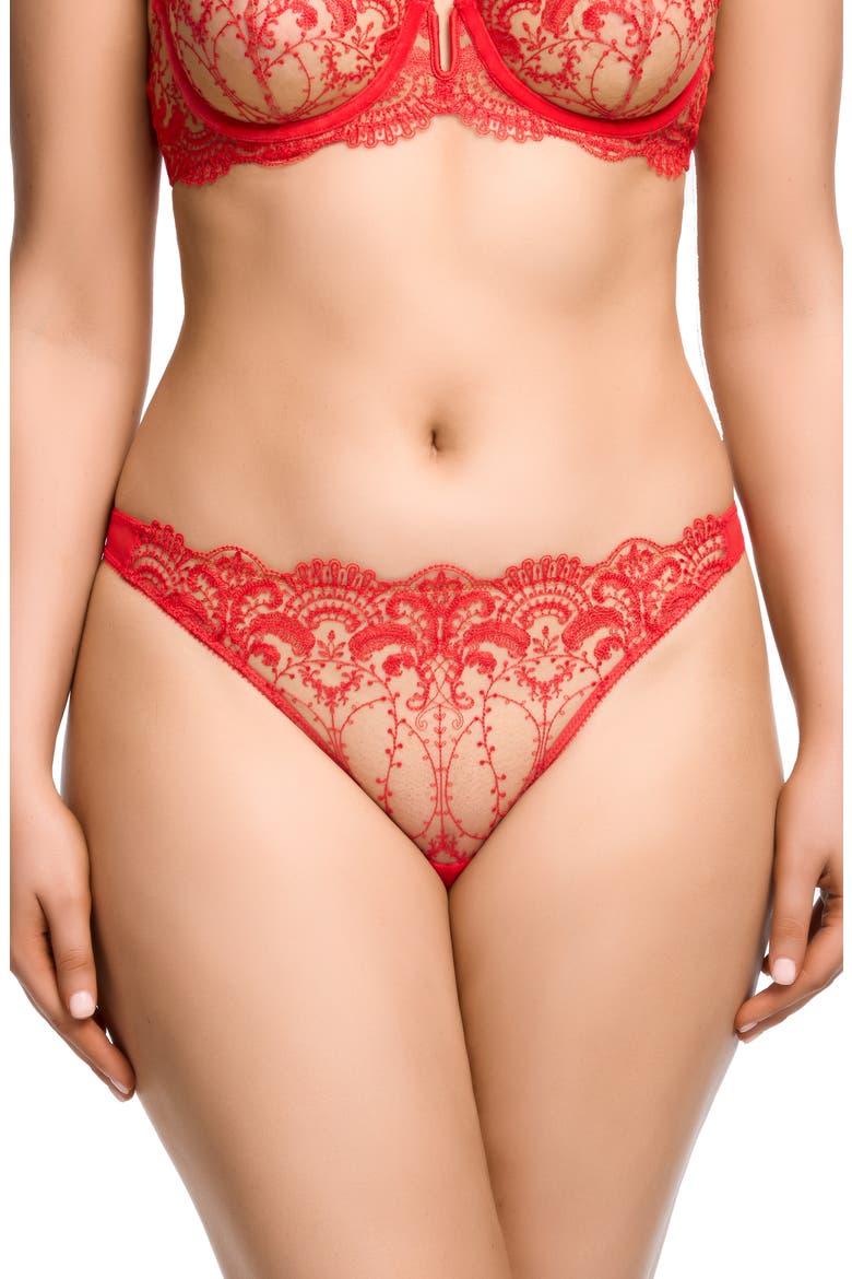 Nom de Plum Embroidered Mesh Thong, Main, color, FLAME