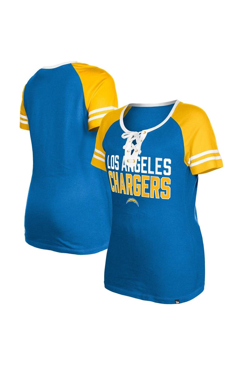 Women's New Era  Powder Blue Los Angeles Chargers Raglan Lace-Up T-Shirt, Main, color, Powder Blue