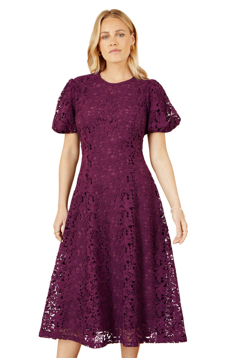 Yumi Stretch Lace Midi Dress, Alternate, color, Burgundy