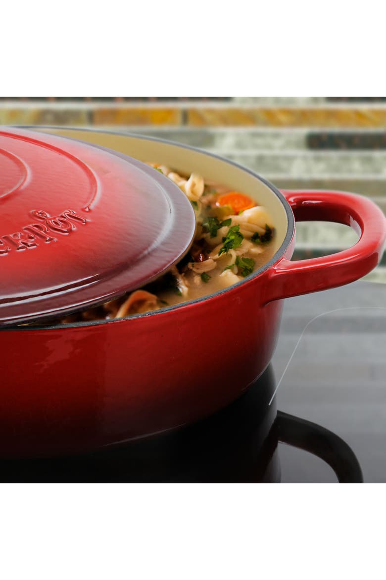 Enameled Cast Iron 5 Quart Round Braiser Pan with Self Basting Lid, Alternate, color, Red