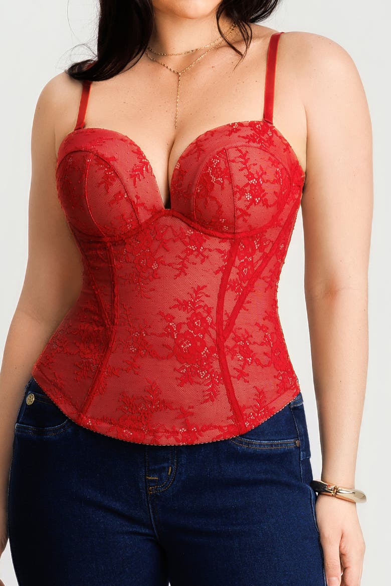 Underwire Snatched Push-Up Lace Flora Convertible Strap Corset Bustier, Alternate, color, Rouge