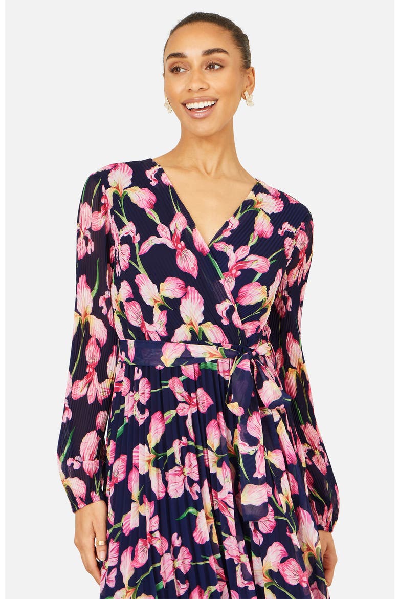 Orchid Floral Pleated Wrap Maxi Dress, Alternate, color, Navy