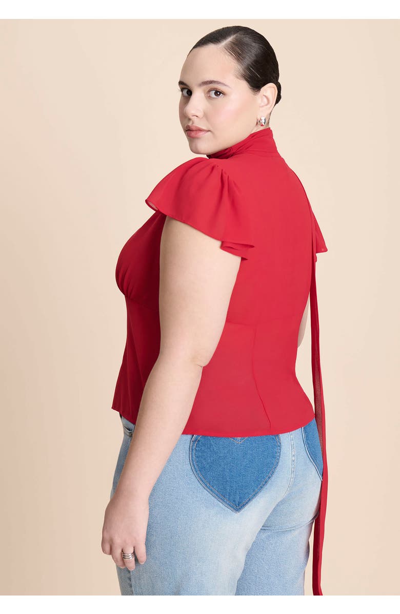 ELOQUII Flutter Sleeve Top With Necktie, Alternate, color, Crimson