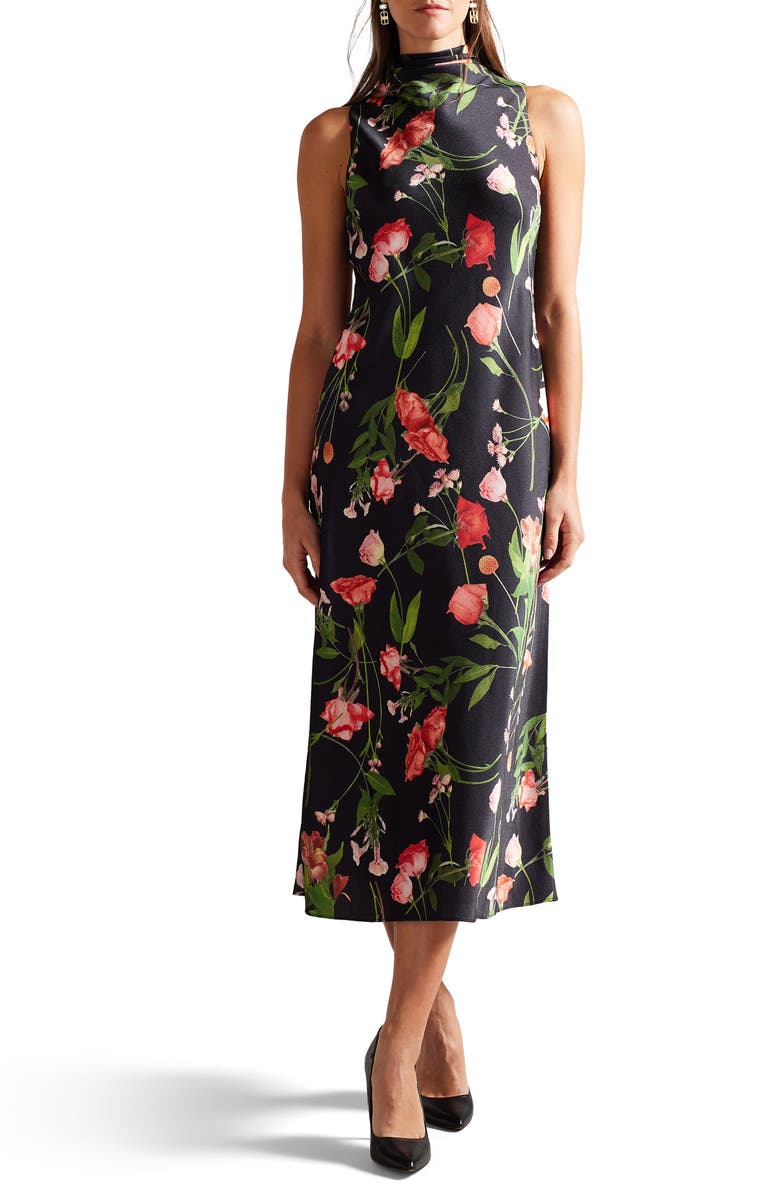 Ted Baker London Connihh Floral Cowl Neck Sleeveless Satin Midi Dress, Main, color,