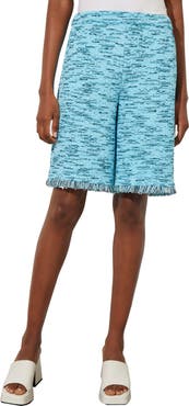 Ming Wang Fringe Trim Tweed Pull-On Bermuda Shorts