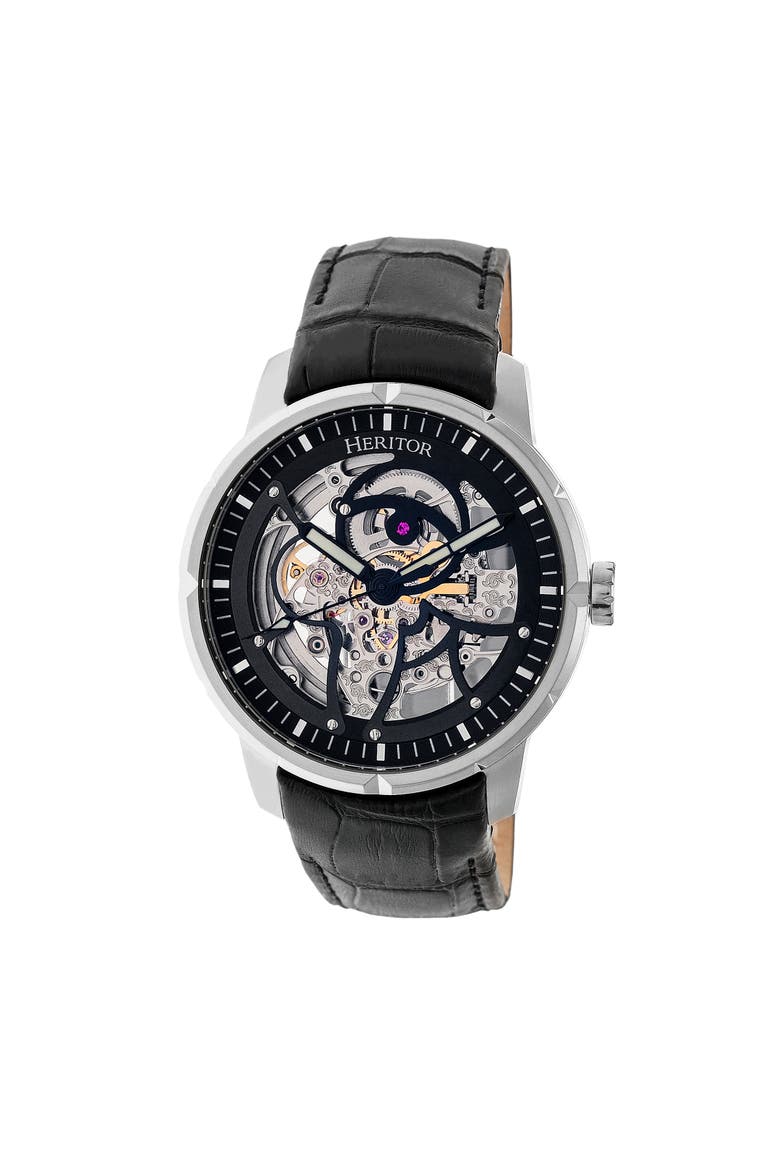 Ryder Skeleton Leather-Band Watch, Main, color, Black/Silver