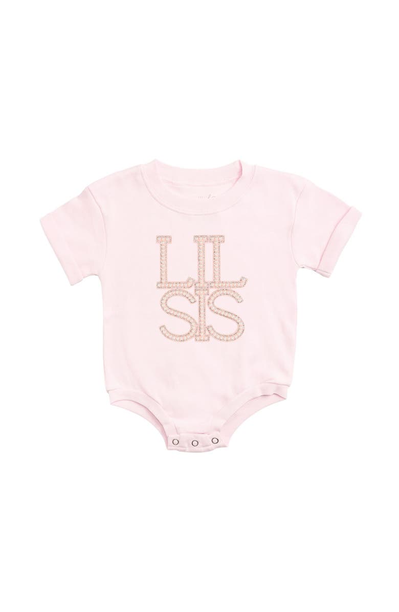 Sweet Wink Lil Sis Pearl Patch Short Sleeve Romper, Main, color, Ballet Pink