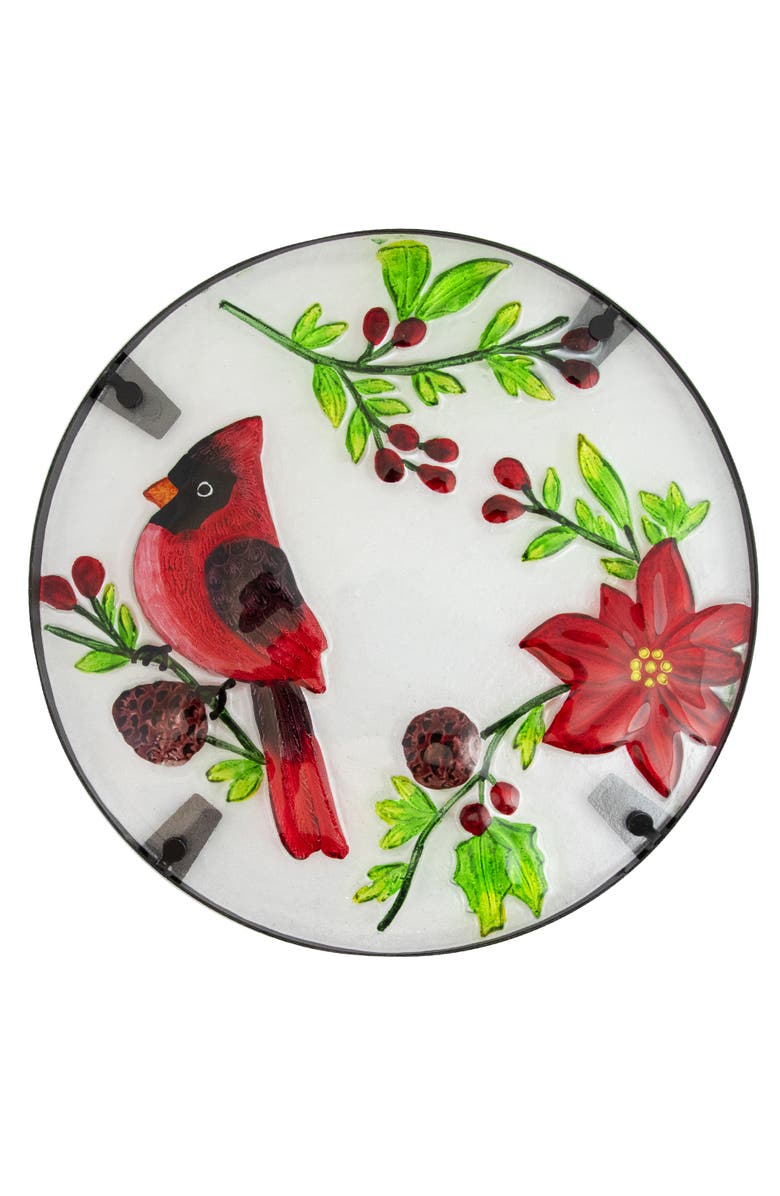 Northlight 19" Red Cardinal and Pine Cone Glass Patio Side Table, Alternate, color, Red