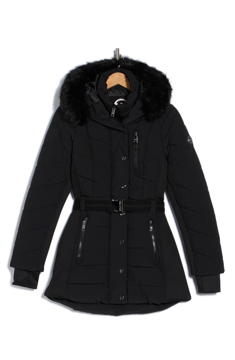 Michael Kors Faux Fur Trim Belted Puffer Jacket, Alternate, color, Black