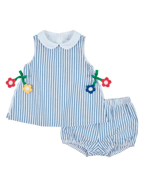 Seersucker Dress & Bloomer With Flowers (Baby)