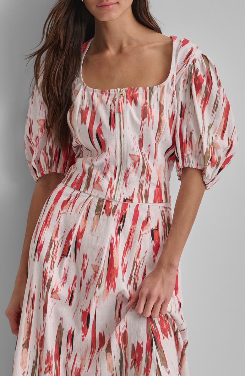 DKNY Print Zip Front Puff Sleeve Linen Blend Top, Main, color,