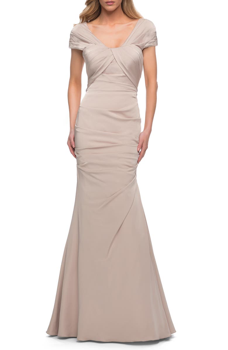 La Femme Pleated Jersey Trumpet Gown, Main, color,