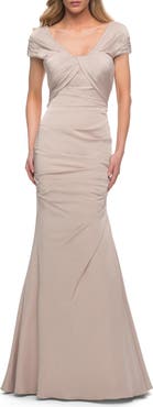 La Femme Lovely Ruched Mermaid Satin Gown with Unique Neckline