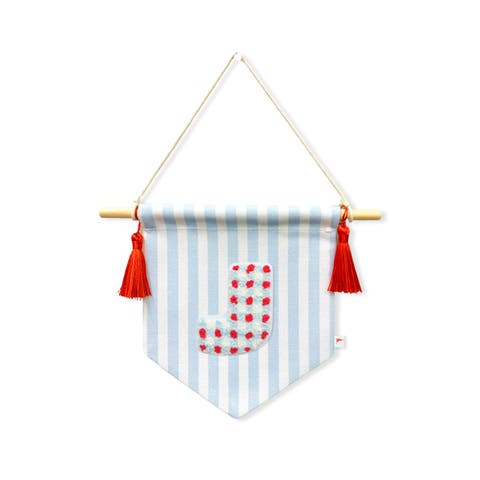 A B C' Blue Striped Create-Your-Own Banner with Red Tassels and Chenille Letter Patch