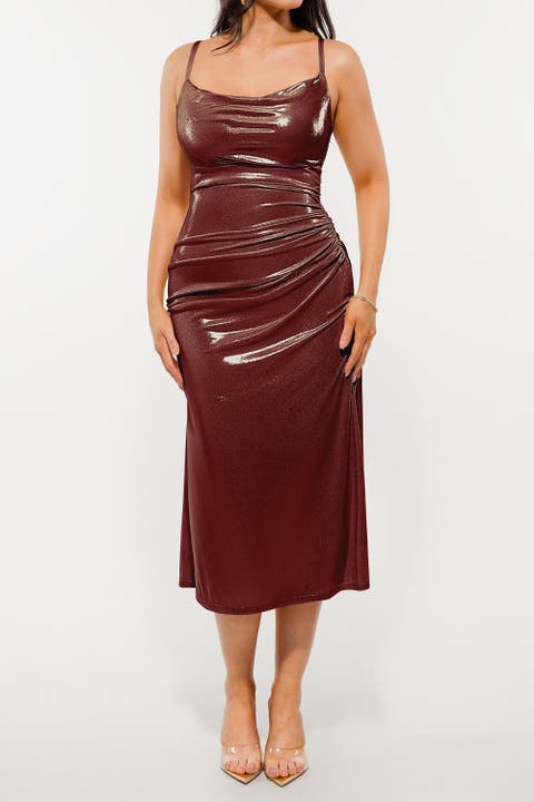 Metallic Cowl Neck Side Ruched Sculpting Midi Dress