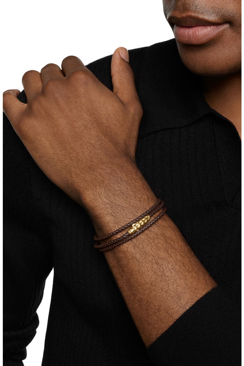 Men's Chevron Triple Wrap Bracelet in Leather with 18K Yellow Gold, 3mm, Alternate, color, BROWN