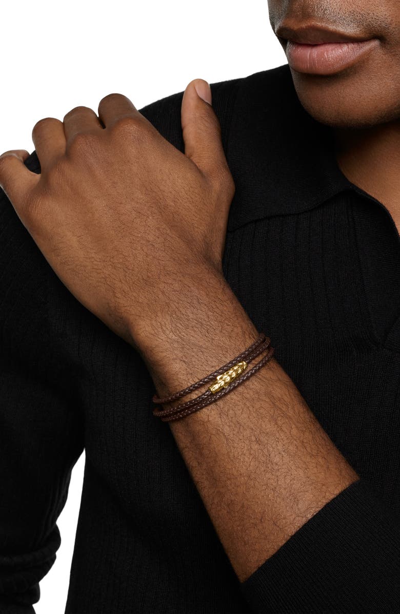 David Yurman Men's Chevron Triple Wrap Bracelet in Leather with 18K Yellow Gold, 3mm, Alternate, color, Brown