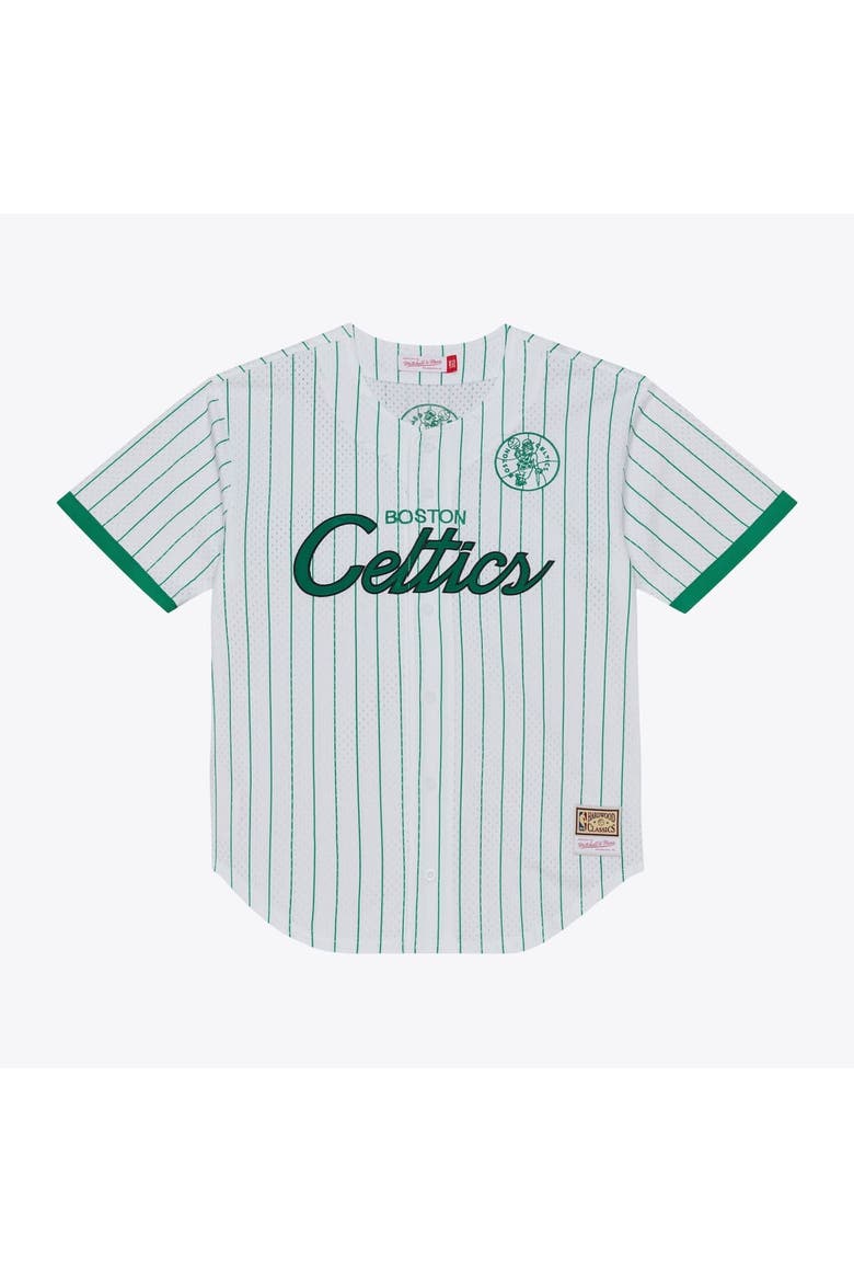 Men's Mitchell & Ness White Boston Celtics Head Coach Pinstripe Mesh Full-Button Baseball Jersey, Main, color, White