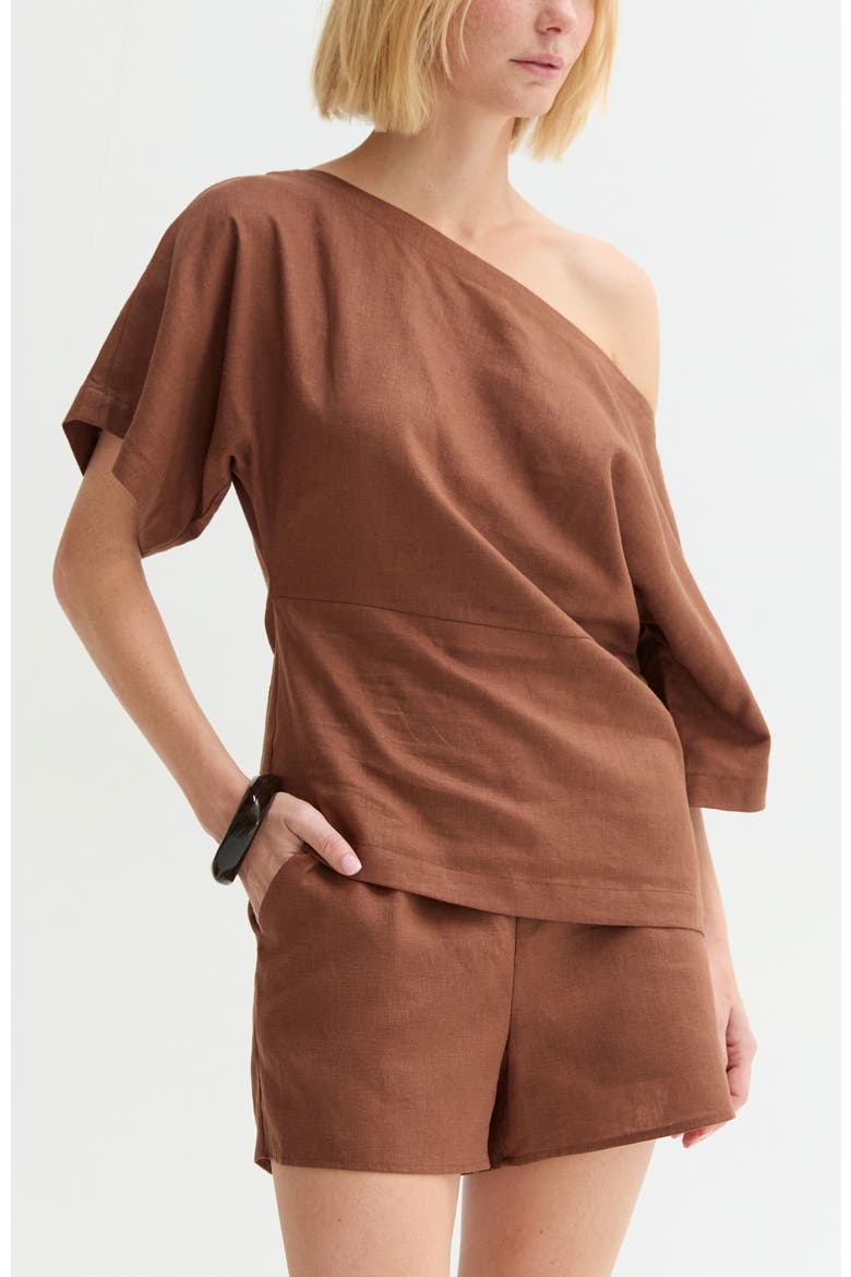 One Shoulder Linen Blend Top, Alternate, color, Brown