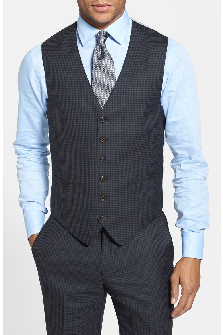 Trim Fit Check Three-Piece Suit, Alternate, color, DARK GREY