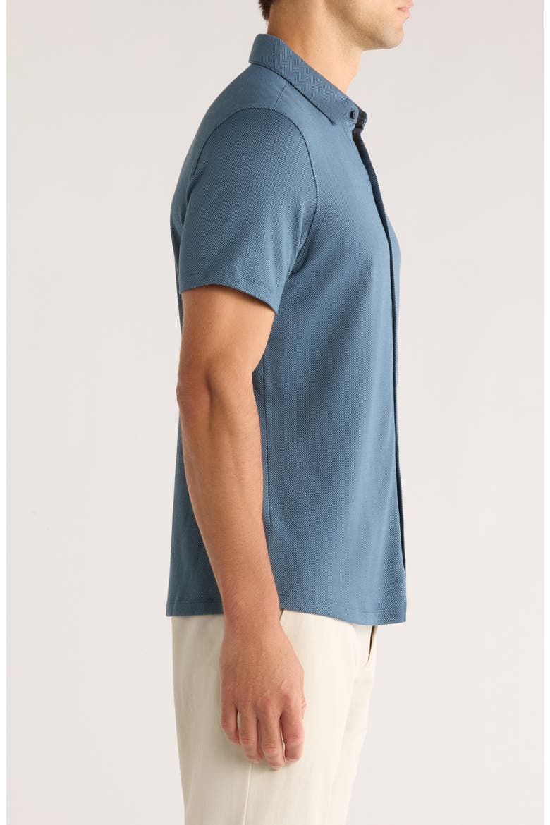 Nino Herringbone Short Sleeve Cotton Knit Button-Up Shirt, Alternate, color, ORION BLUE
