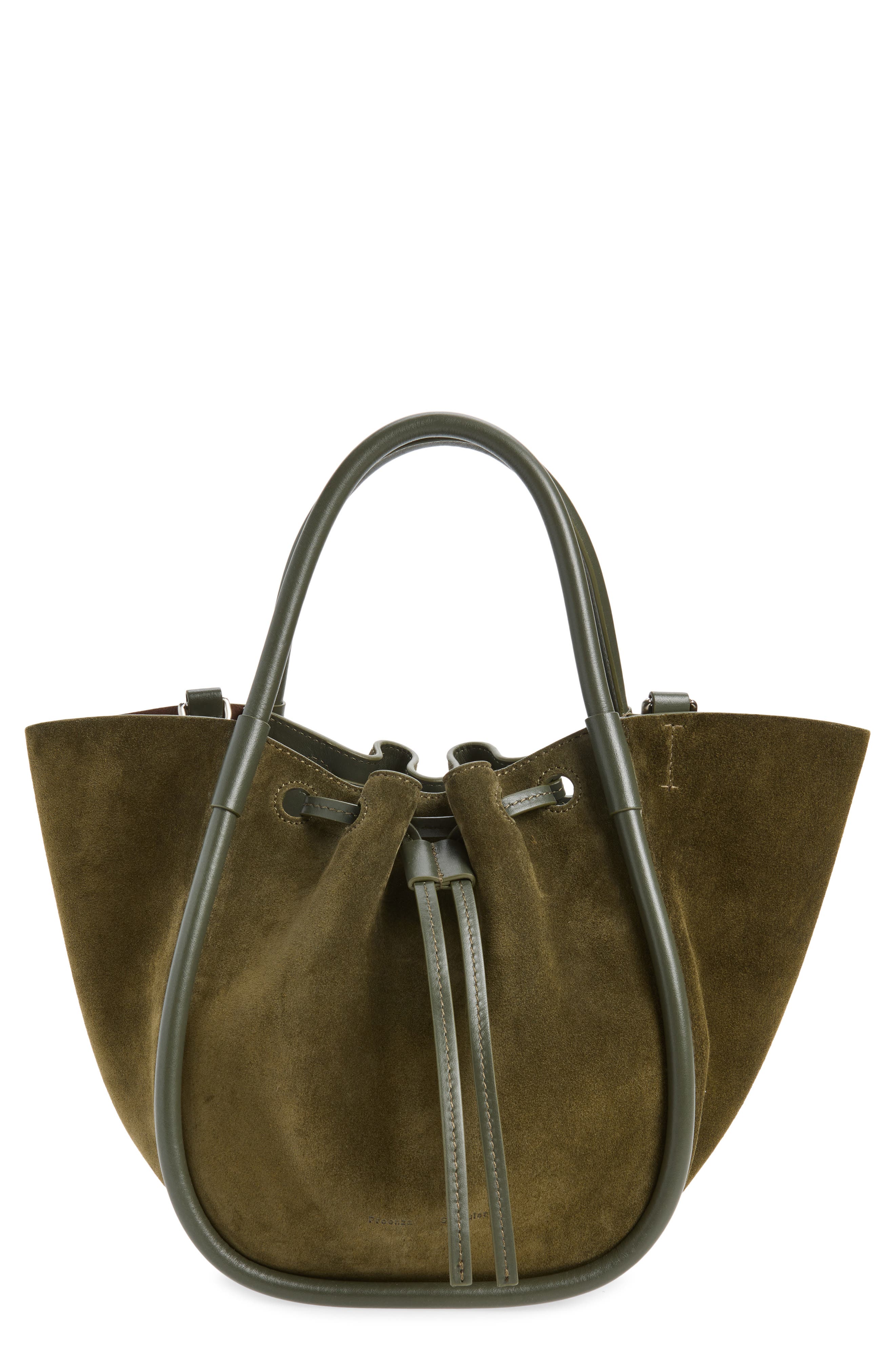 Small Ruched Leather Tote, Main, color, OLIVE 324