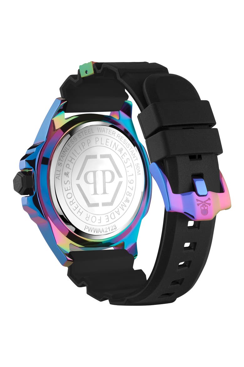 The Skull Silicone Strap Watch, 44mm, Alternate, color, IP RAINBOW