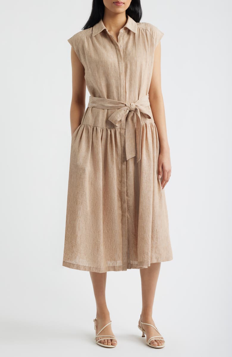 Julia Jordan Cap Sleeve Tie Waist Midi Dress, Main, color, Khaki