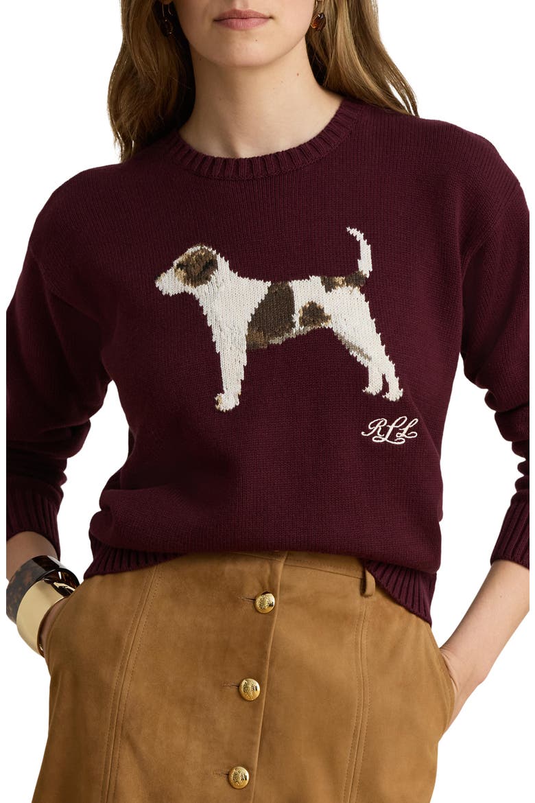 Intarsia Knit Cotton Crewneck Sweater, Main, color, BURGUNDY MULTI