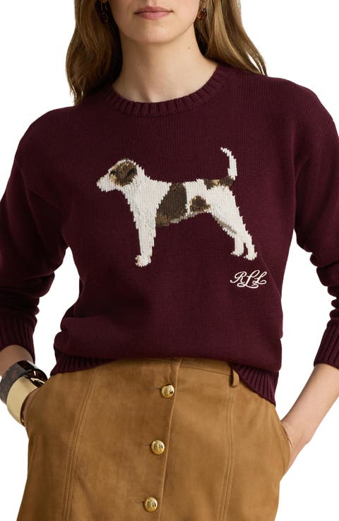 Intarsia Knit Cotton Crewneck Sweater