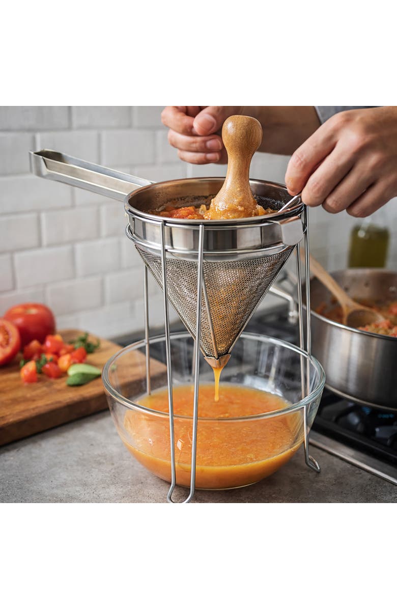 Norpro Stainless Steel Chinois with Chromed Steel Stand and Rubberwood Pestle, 3 Piece Set, Alternate, color, Silver