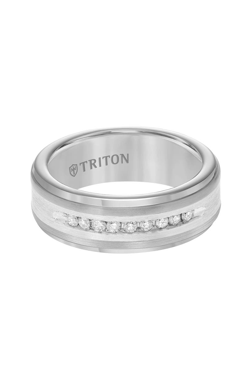 Triton 8MM Tungsten Diamond Ring with Channel Set Silver Satin Finish and Step Edge, Alternate, color, 