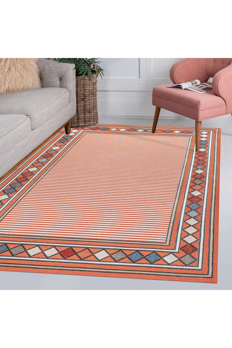 Sebastian High-Low Modern Diamond Border Indoor/Outdoor Area Rug, Alternate, color, Orange/Ivory