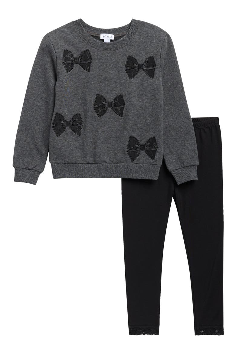 Kids' Lacy Bow Sweatshirt & Leggings Set, Main, color, HTHR CHARCOAL