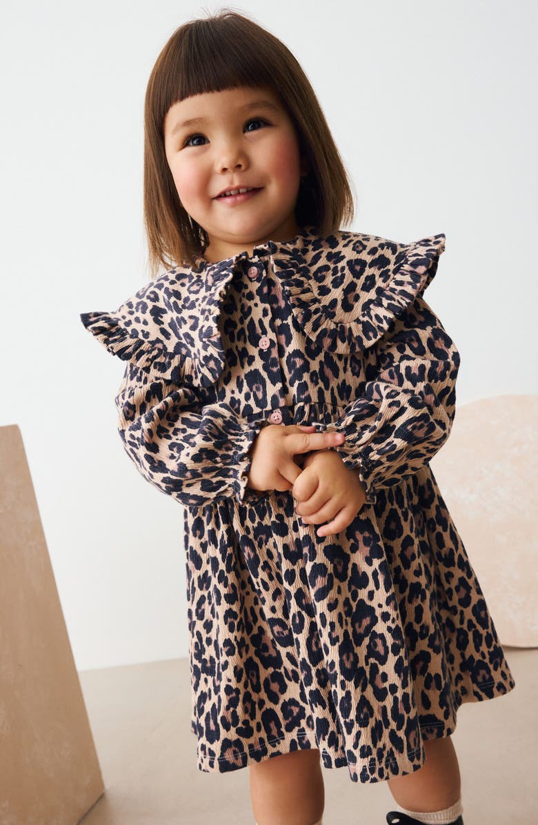 NEXT Kids' Ruffle Long Sleeve Cotton Blend Dress, Alternate, color, Multi Brown