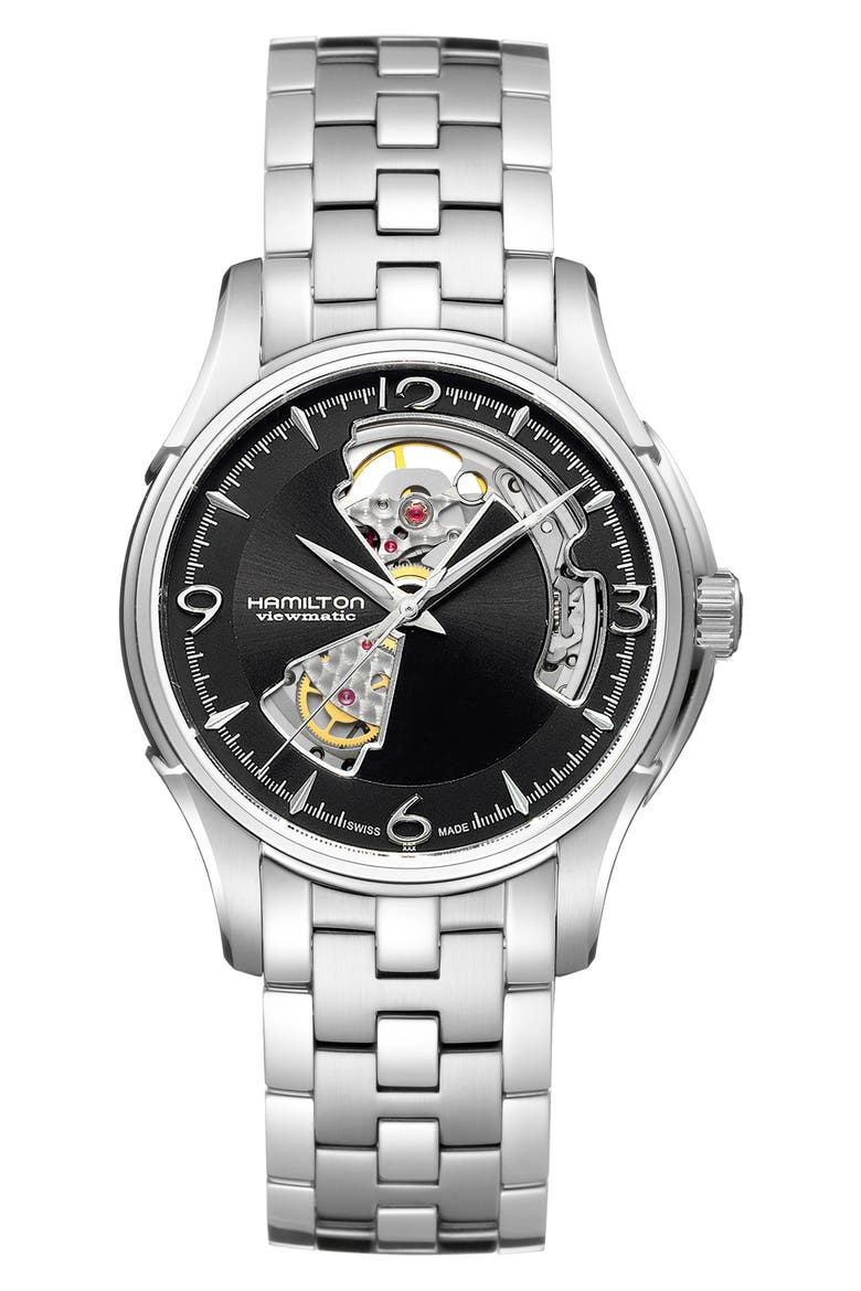 Jazzmaster Open Heart Automatic Bracelet Watch, 40mm, Main, color, SILVER/ BLACK/ SILVER