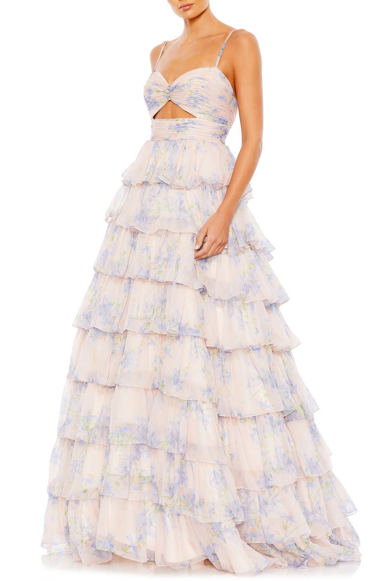 Floral Cut Out Ruffle Layered Gown, Main, color, VIOLET MULTI