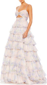 Mac Duggal Floral Cut Out Ruffle Layered Gown