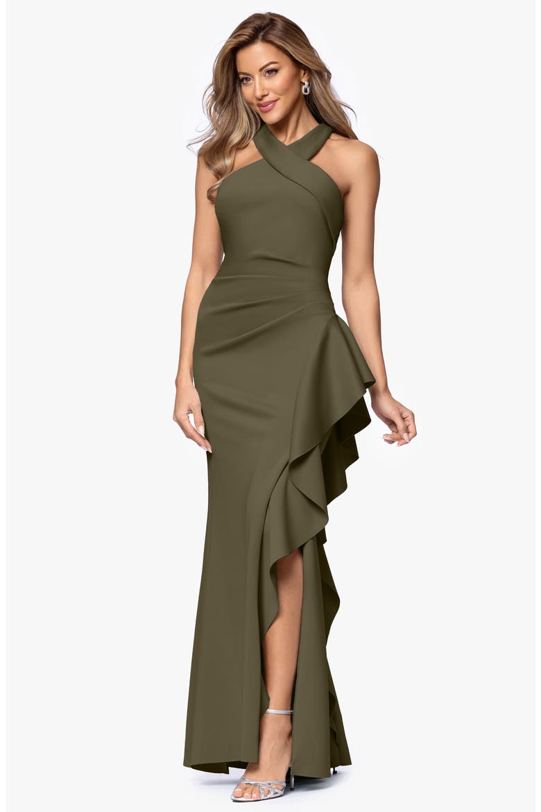 Ruffle Scuba Knit Gown, Alternate, color, OLIVE