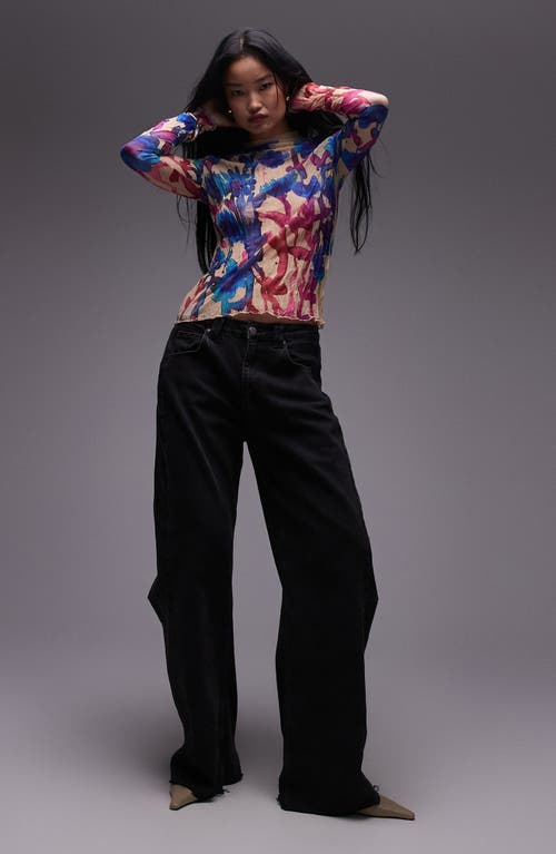 Shop Topshop Floral Print Funnel Neck Crinkle Top In Blue Multi