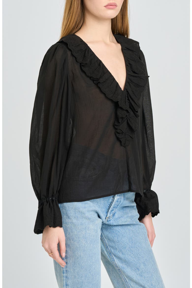 Helena Eyelet Ruffle Cotton Lawn Top, Alternate, color, BLACK