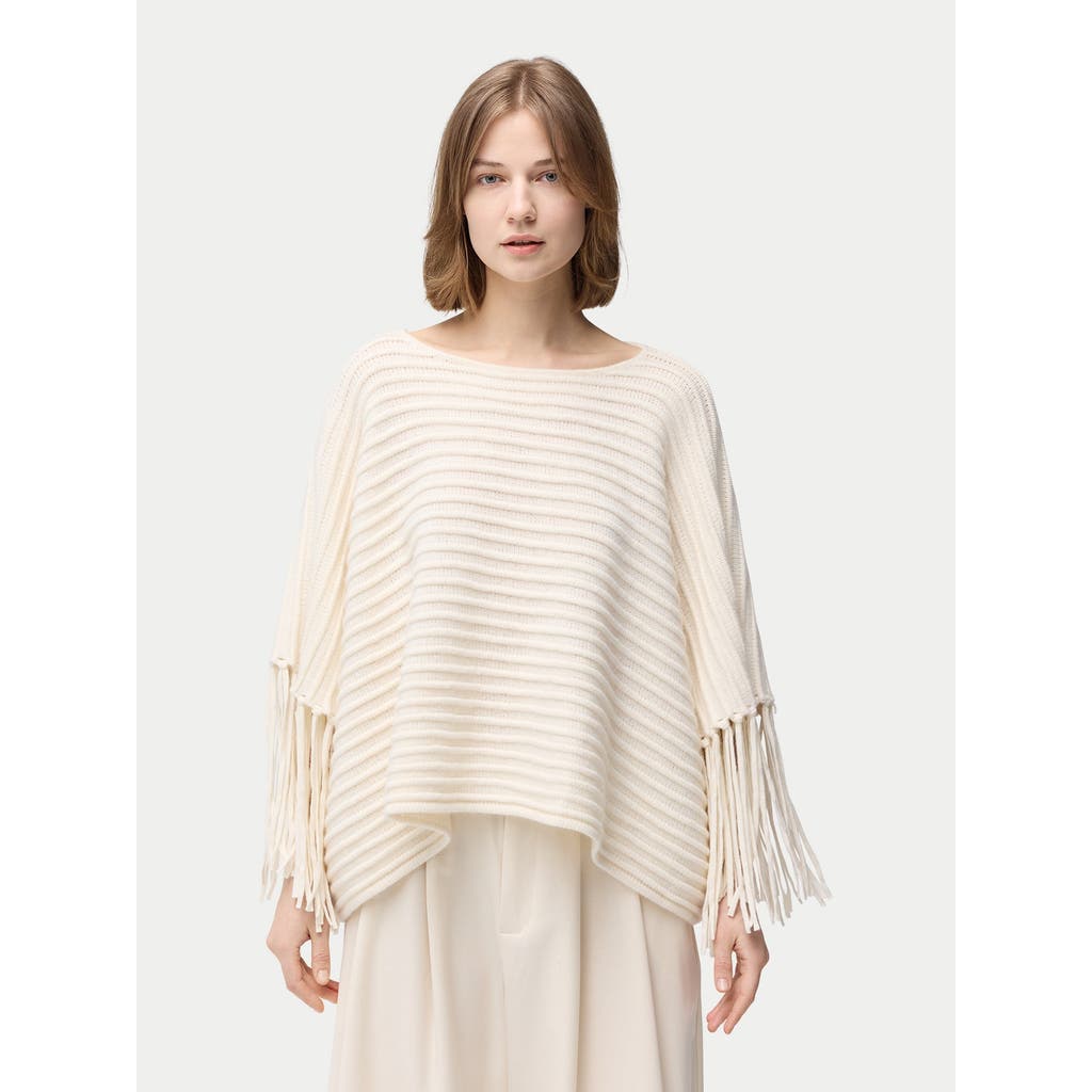 Gobi Mongolian Cashmere Fringed Sleeve Cashmere Poncho In White