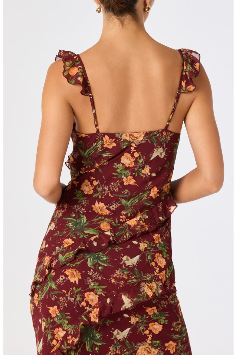Aleah Floral Ruffle Maxidress, Alternate, color, WINE FLORAL