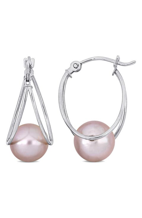 Sterling Silver 8-8.5mm Pink Cultured Freshwater Pearl Drop Earrings
