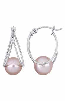 DELMAR Sterling Silver 8-8.5mm Pink Cultured Freshwater Pearl Drop Earrings