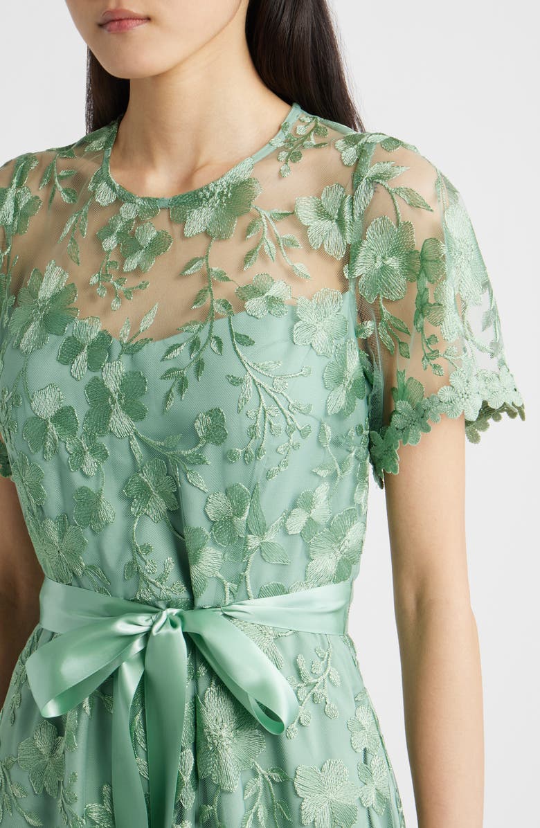 Tahari ASL Floral Embroidery Short Sleeve Gown, Alternate, color, Sage